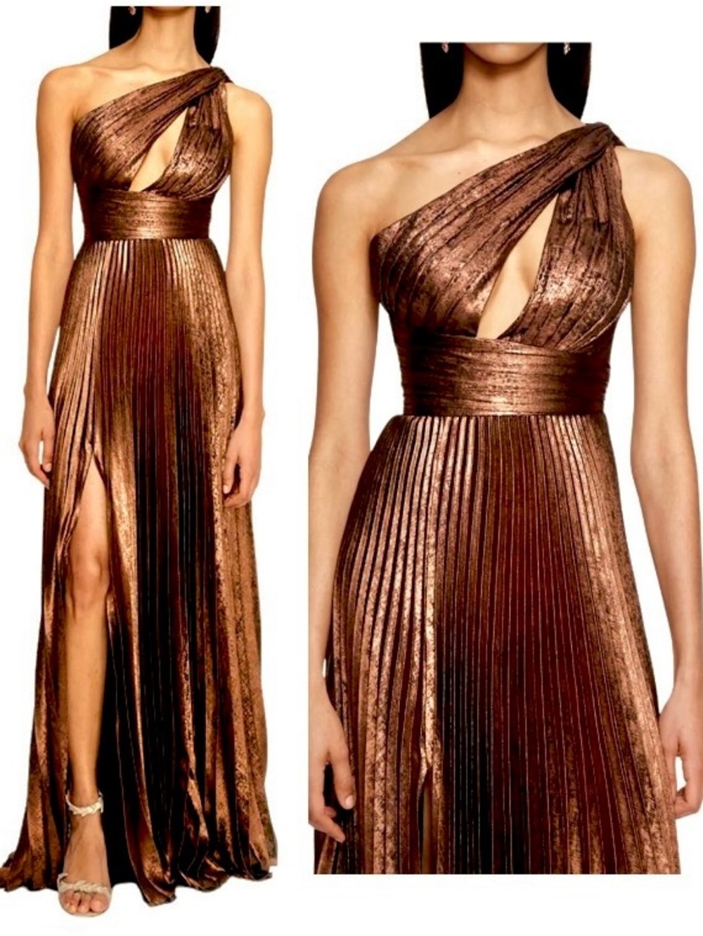 Marchesa Notte Metallic Lame Pleated One shoulder gown  brown bronze size 4